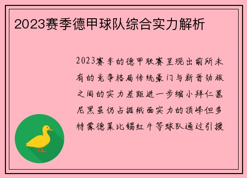 2023赛季德甲球队综合实力解析