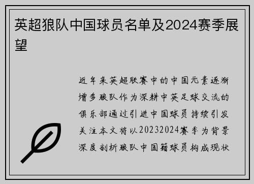 英超狼队中国球员名单及2024赛季展望